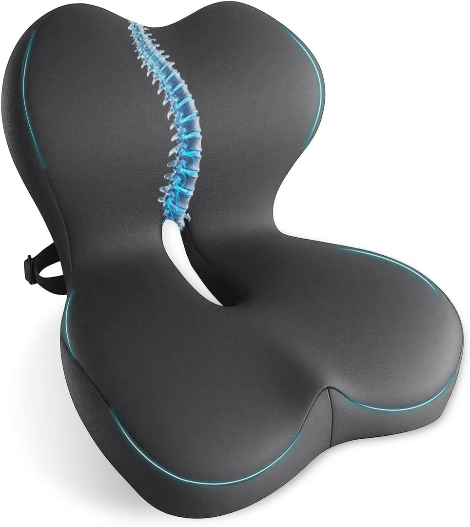 Memory Foam Seat Cushion,Office Chair Cushion with Lumbar Support for Back Pressure Relief, Car Seat Cushion with Adjustable Strap,Sciatica Pad Cushions for Car,Truck,(C-Dark Grey)