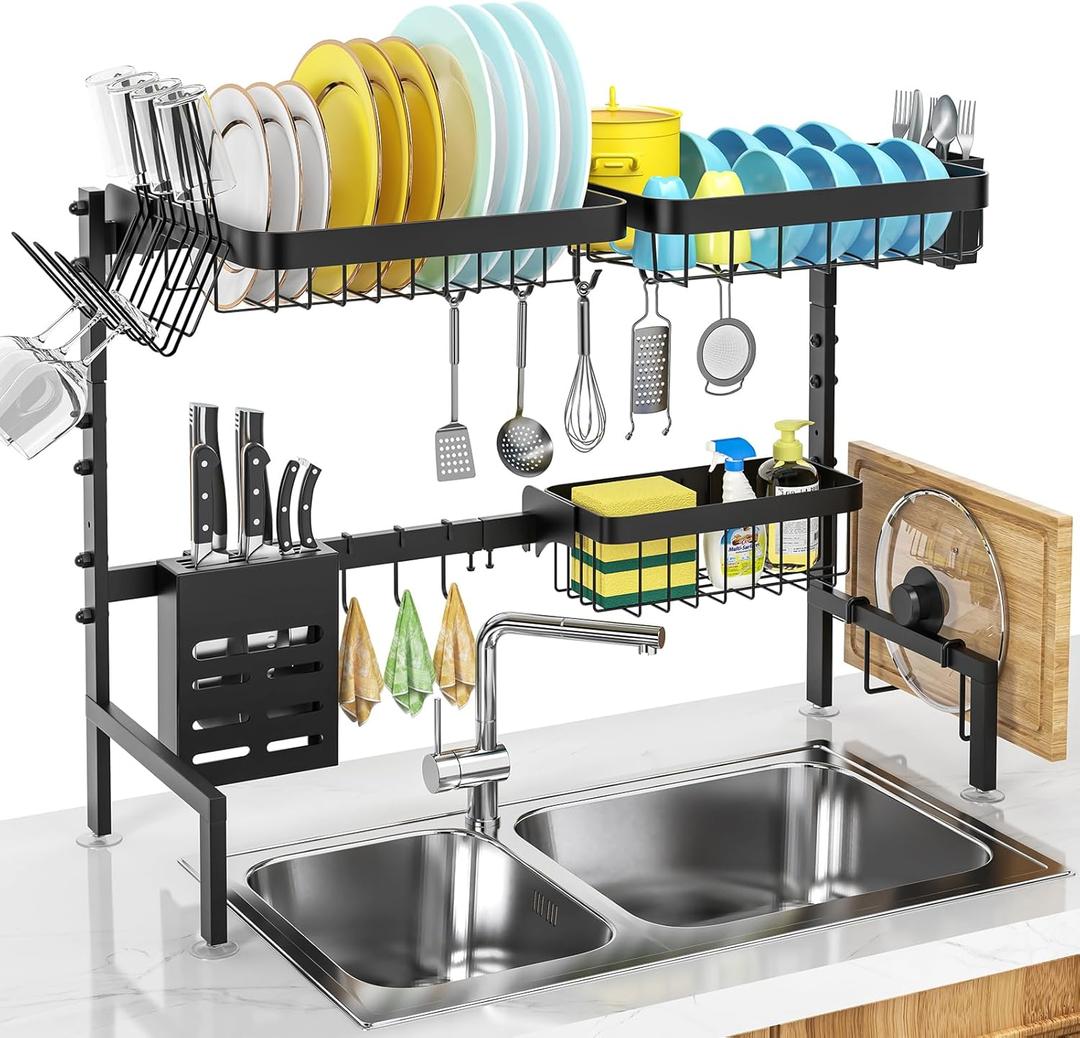 MERRYBOX Over The Sink Dish Drying Rack, 2-Tier Adjustable Length (25.6-33.5in), Stainless Steel Dish Drainer with Cutting Board Holder, Large Dish Rack for Kitchen Counter Organizer Space Saver (Black)