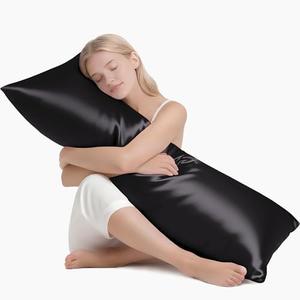 MR&HM Satin Body Pillow Cover, Soft and Breathable Body Pillow Case with Envelope Closure, Cooling and Silky Long Pillowcase for Hair and Skin,Grey (20x54, Black)
