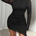 BEAUDRM Women's Plus Size Bodycon Dresses Long Bell Sleeve Wedding Guset Dress Mesh Sheer Party Club Mini Short Dresses (Black)