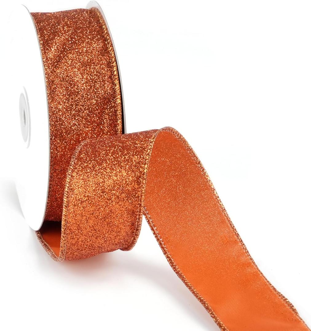 MAYREEL 1.5 Inch Copper Ribbon Wired Terracotta Glitter for Christmas Decorations Gift Wrapping Wreath Supplies Tree Toppers Garland Crafts 10 Yards
