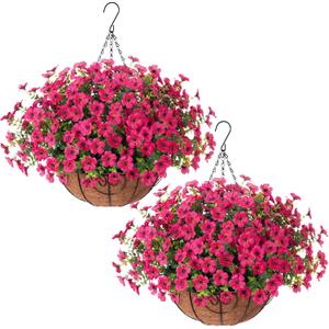 HyeFlora 2 Set Artificial Outdoor Flowers Hanging Basket, Faux Hanging Plants for Outside Spring Decoration, Fake Silk UV Resistant Look Real Daisy for Porch Patio Home Decor (Rose Red)