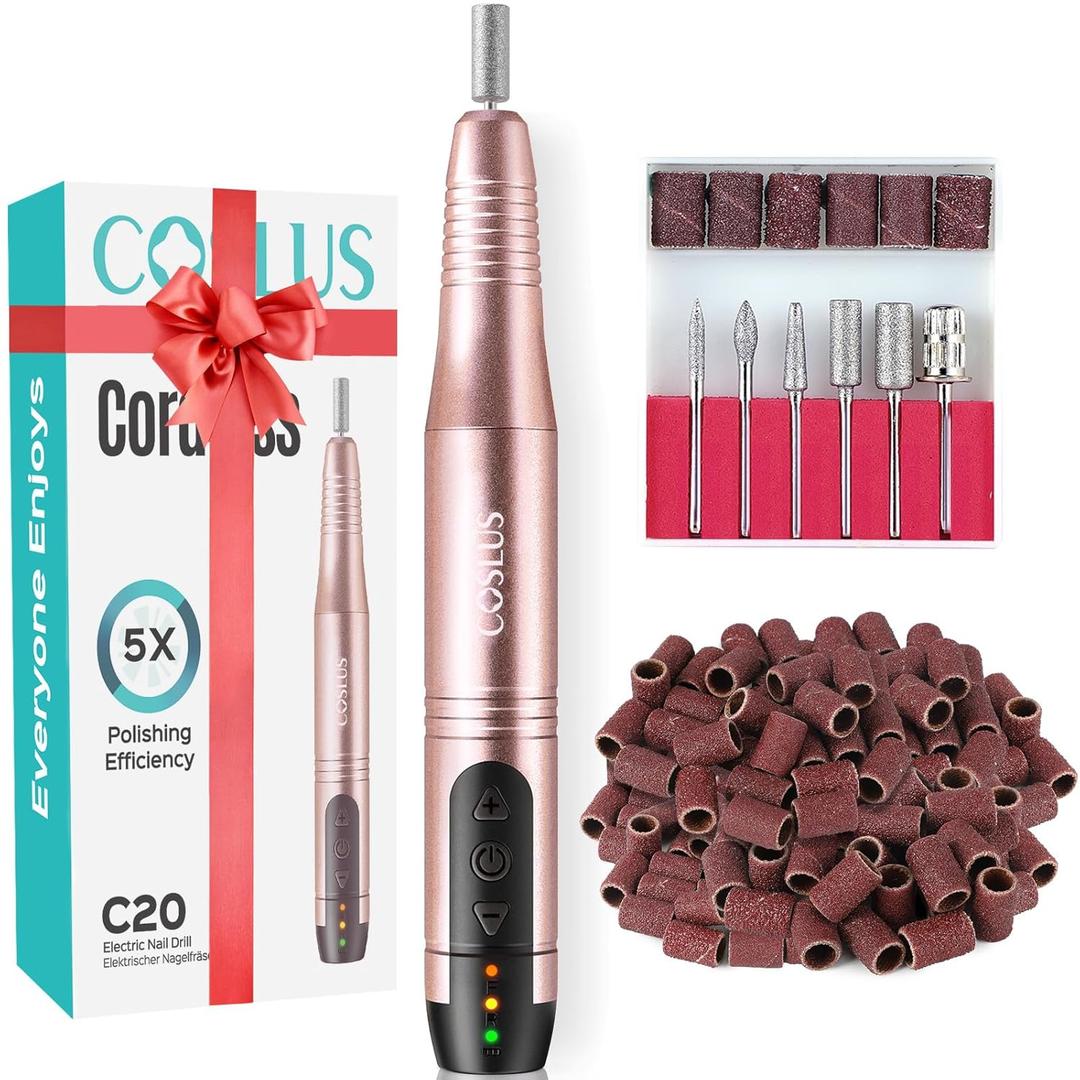 COSLUS C20 Cordless Nail Drill Electric File: Professional for Acrylic Gel Dip Powder Nails Portable Nail Drill Machine Kit for Manicure Pedicure Nail Set with Everything Rechargeable Lightweight (Golden)