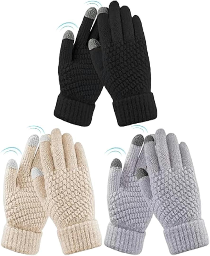 Womens Touch Screen Gloves Winter Warm Knit Fleece Lined Gloves Elastic Cuff Texting Mittens Gifts (A-3 Pairs(beige/Light Grey/Black))