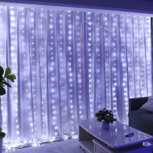 HXWEIYE 300LED Fairy Curtain Lights, 9.8x9.8Ft USB Plug-in 8 Modes Christmas String Hanging Lights with Remote for Bedroom Backdrop Wedding Indoor Wall Decor, White, Tangle-Free  1 Pack (Regular)