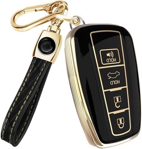 Lucrum for Toyota Camry Key Fob Cover and Leather Keychain - TPU Key Case for Toyota Corolla, RAV4, Avalon, Prius, C-HR - 2019-2024 Keyfob Cover Compatible with HYQ14FBE - Black and Gold