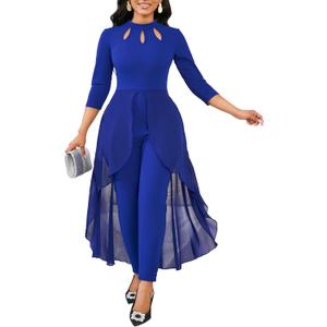 Jumpsuits for Women Dressy Hight Waist One Piece Casual Straight Long Pants Wide Leg Pants Elegant Jumpsuit Romper (X-Large, Blue)