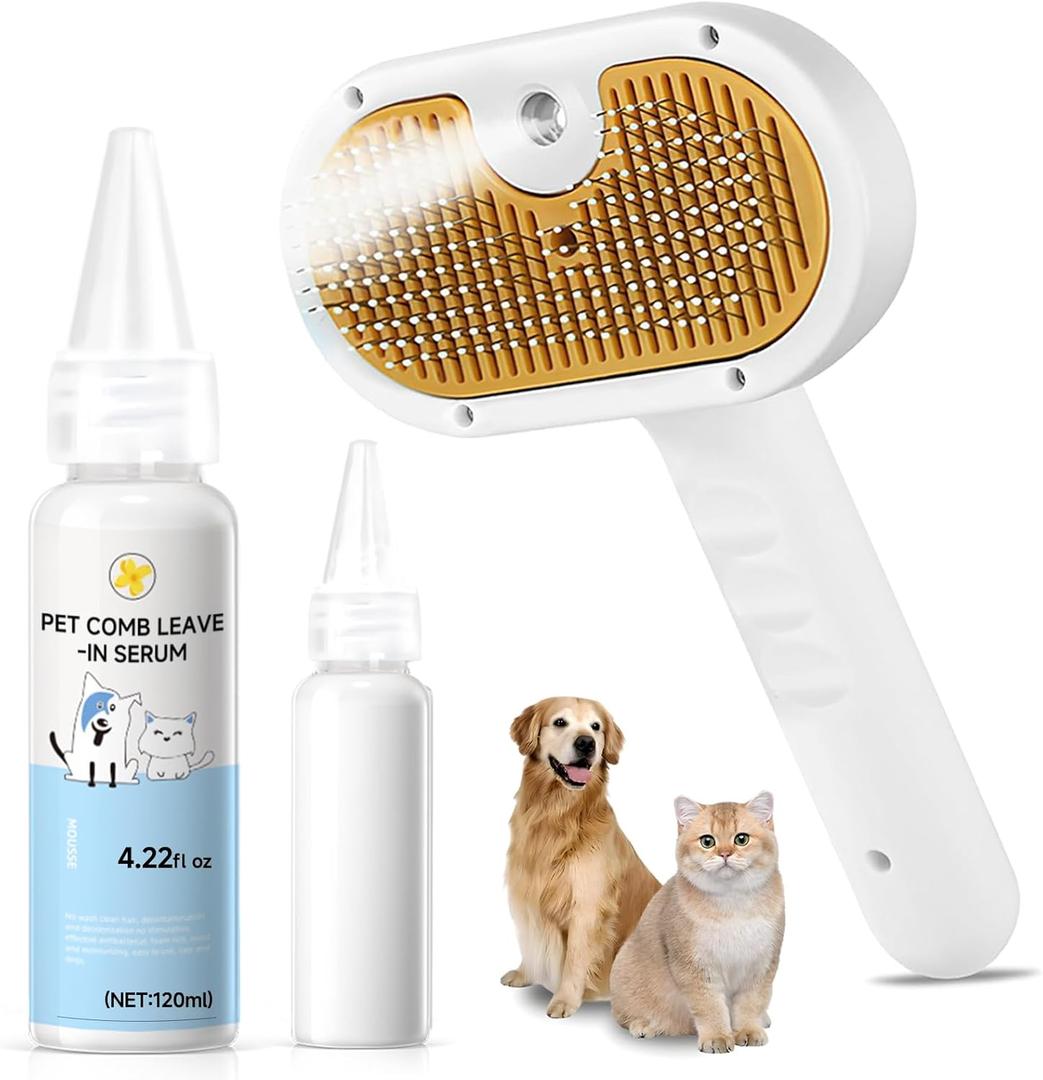 Pet Steam Brush for Dog & Cat  3-in-1 Spray Hair Removal Comb for Shedding & Grooming, Softens Fur & Reduces Static  Water Brush for Long & Short Coats, Bath-Hating Pets, Includes Waterless Shampoo (7.8-shampoo)