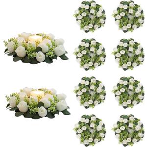 NUPTIO Flower Wedding Centerpieces for Tables - 10 Pcs 14 inch Diam Large White Artificial Flowers Fake Roses Candle Rings Wreaths Spring Summer Wreath for Front Door Weddings Party Ceremony Decor