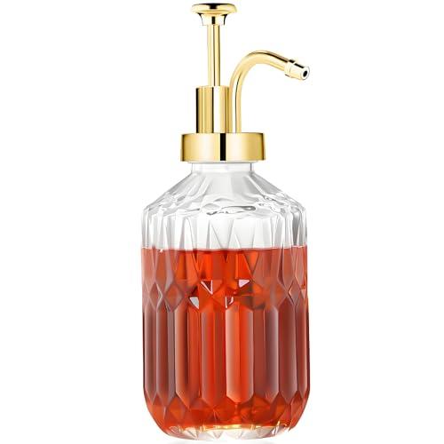 TIWPAJS Glass Coffee Syrup Dispenser 13.5oz, Syrup Bottles with Luxurious Diamond Texture, Gold Syrup Pump, Coffee Bar Accessories, Kitchen Decoration