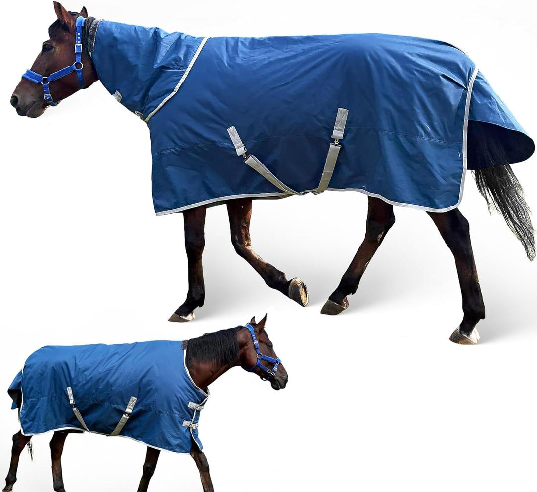 Horse Turnout Blanket, Medium Weight Winter Blanket for Horses, 220g Filling,1200 Denier Waterproof &Breathable/Detachable Neck Cover (Navy Blue, US72IN(EU135CM))