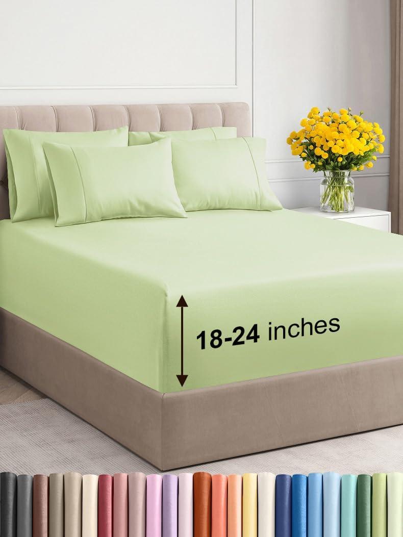 Extra Deep King Sheet Set - 6 Piece Breathable & Cooling Sheets - Hotel Luxury Bed Sheets Set - Easy & Secure Fit - Soft, Wrinkle Free & Comfy Sheets Set - Light Sage Sheet Set with Extra Deep Pockets