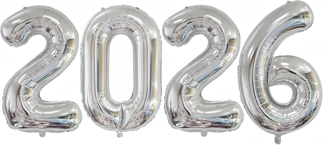 Silver 2026 Balloons, 40 Inch 2026 Number Balloon Foil New Year Balloon Numbers for New Years Eve Party Graduation Party Decoration