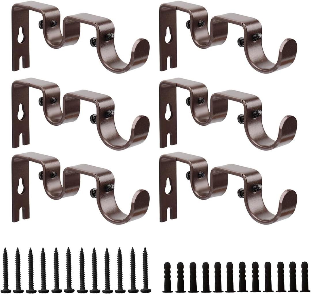 Double Curtain Rod Bracket 6 Pack Metal Curtain Rod Holders for Wall Sturdy Curtain Bracket for 1 Inch Curtain Rod Brown Wall Mounted Curtain Rod Hooks for Bedroom Living Room Patio