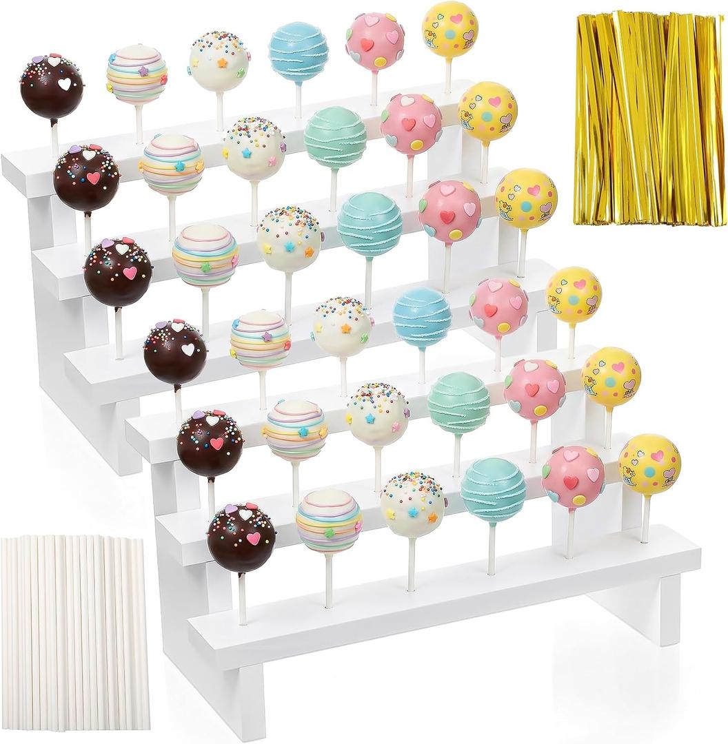 2Pcs Wood Cake Pop Stand Display Riser, 3-Tier White Lollipop Holder with 200 Twist Ties & 200 Sticks for Wedding Birthday Party Dessert Table