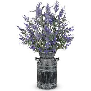 Artificial Lavender Flowers with Rustic Metal Vase 17 Inch Faux Lavender Plant Arrangement in Galvanized Planter Vintage Farmhouse Floral Decor for Home Office Kitchen Decor Wedding Table Centerpiece