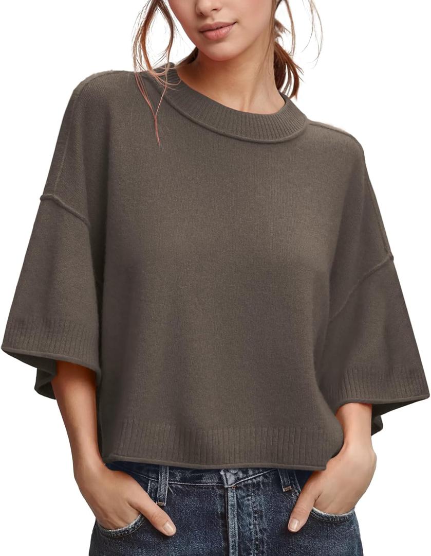 ZDC Women's Oversized Sweaters Summer 3/4 Sleeve Casual Cropped Tops Lightweight Loose Fit Knit Pullover (Brown), S