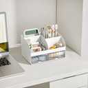 COMFYROOM Desk Organizer with 6 Compartments and 2 Drawers, Plastic Makeup Organizer, Pen Holder for Desktop Storage, Desk Organization for School, Home, Office Supplies (White)