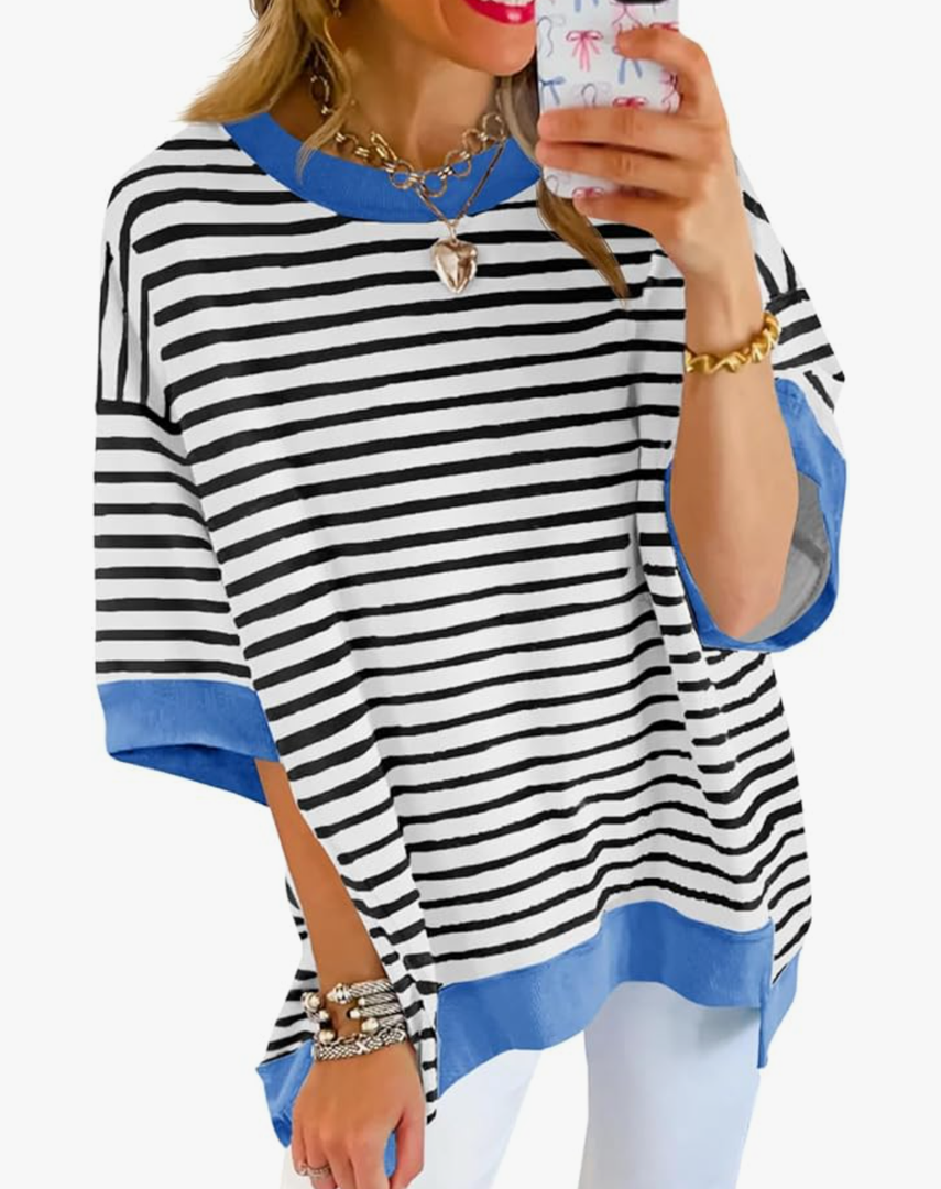 Womens Oversized T Shirts Striped Color Block Cotton Tops Summer Casual Half Sleeve Loose Fit Crewneck Sweatshirts S