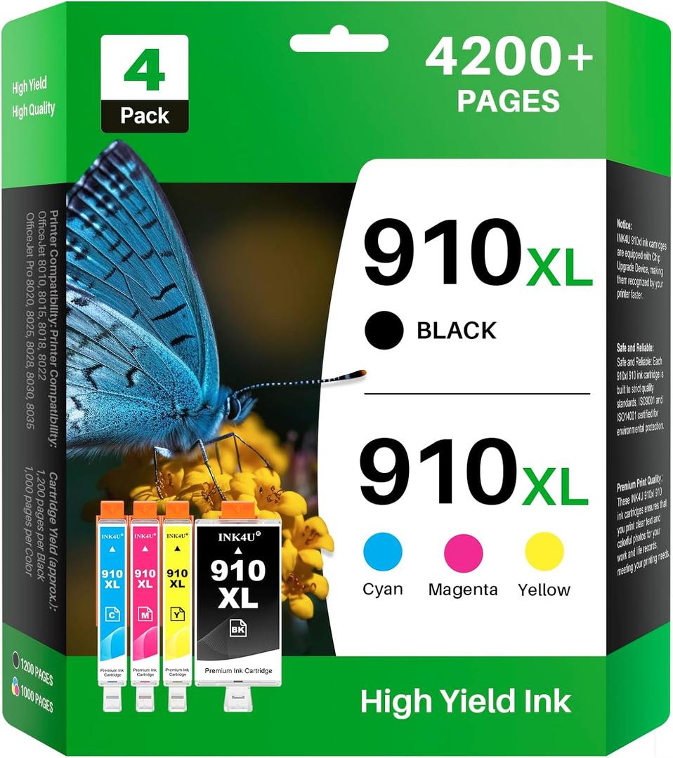910XL Ink Cartridges Combo Pack Compatible Replacement for HP 910XL 910 Ink Cartridges to Use with HP OfficeJet Pro 8020 8025 8028 8030 8035 8010 8015 8018 8022 Printer (1BK/1C/1M/1Y, 4 Pack)