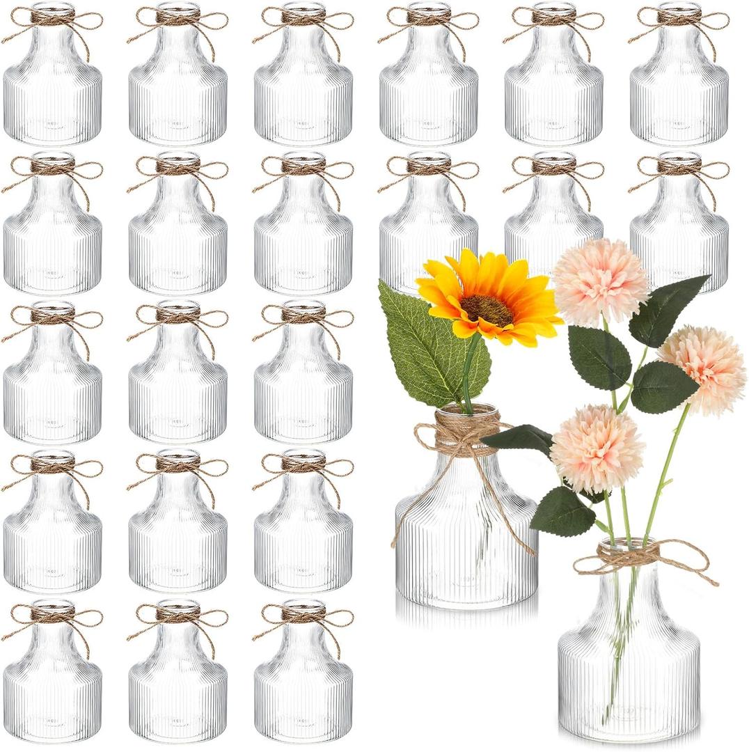 Bokon 24 Pcs 5 Inch Small Plastic Flower Bud Vases Aesthetic Centerpieces Decorative Cylinder Vase Bulk for Wedding Home Table Decorations Flower Plant Propagation with Twine (Clear)