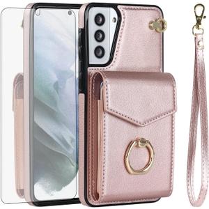 Asuwish Phone Case for Samsung Galaxy S21 5G 6.2 inch Wallet Cover with Tempered Glass Screen Protector and RFID Blocking Ring Stand Credit Card Holder Cell Accessories S 21 21S G5 Women Men Rose Gold