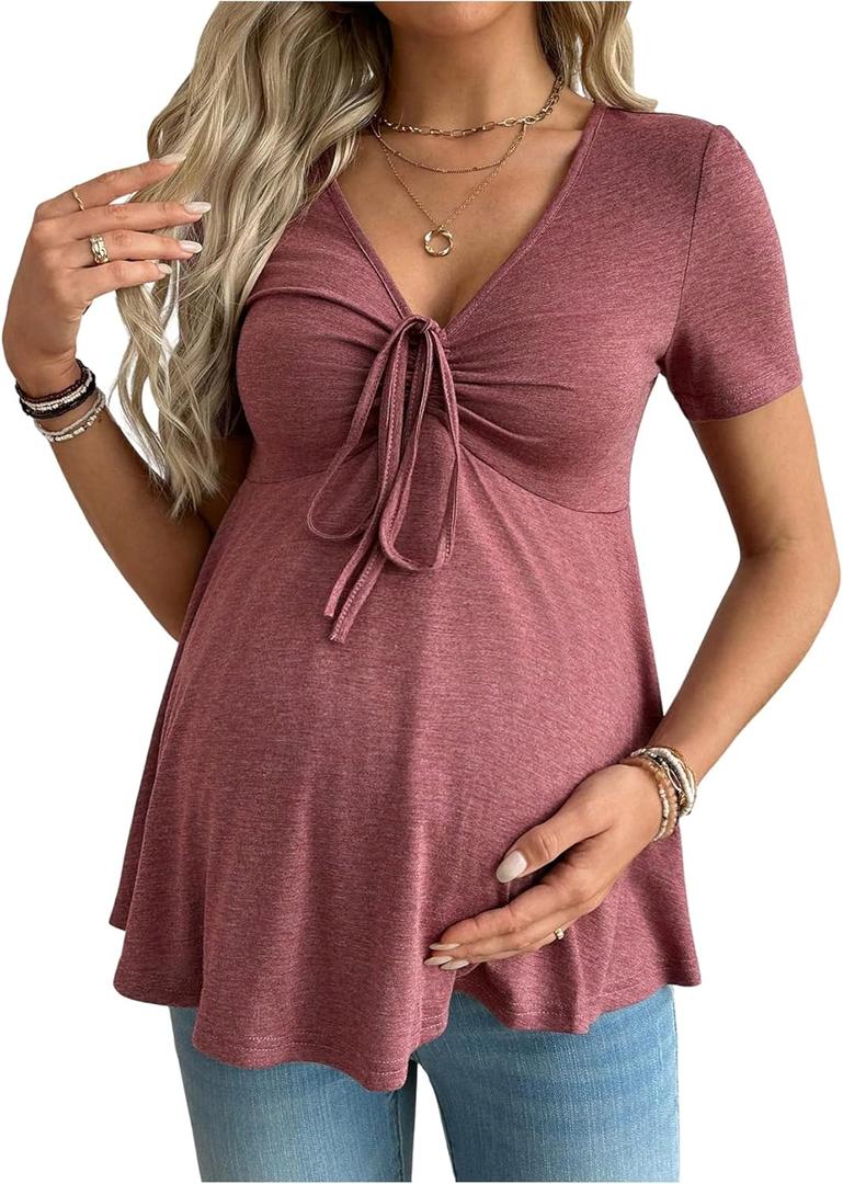 Women's Drawstring Front V Neck Maternity T Shirt Short Sleeve Peplum Tops Pregnancy Clothes Burgundy Medium