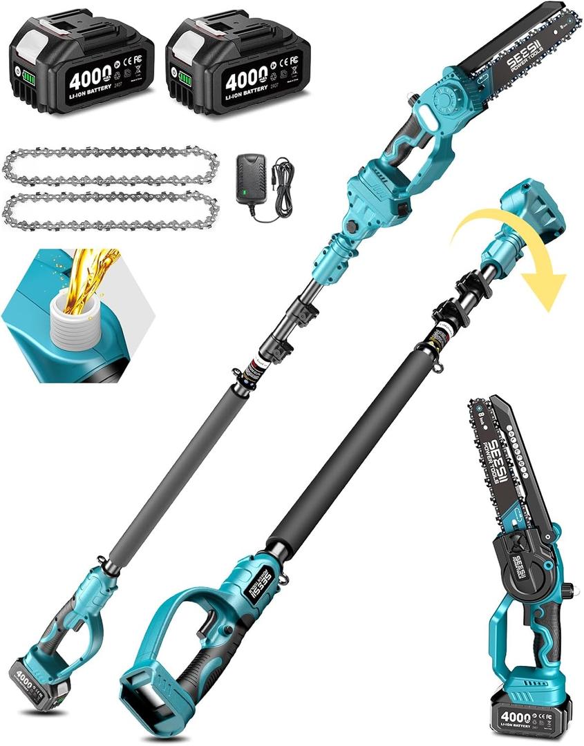SEESII 2 in 1 Cordless 8 inch Pole Saw & Mini Chainsaw with 2 Battery, Power Electric Polesaw for Tree Trimming, Chain Saw with Extension Pole, Limb Branch Cutter Pruner P8 Ace