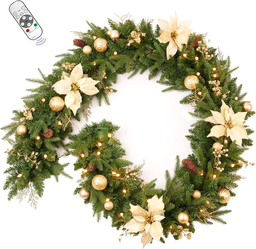 AMERZEST 6FT Prelit Artificial Christmas Garland with Dual Color LED Lights and Timer by Remote Control and Plug in for Mantle Stairs Fireplace Door Xmas Decoration, Indoor Outdoor, Green