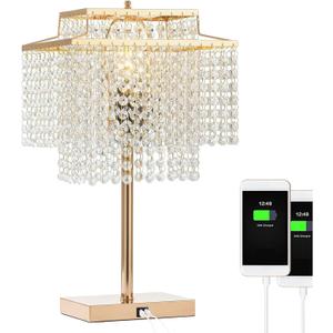 Gold Crystal Table Lamp with 2 USB Charging Ports,Touch Control Lamp with 3-Way DimmableGold Desk Lamps with Elegant Crystal Shade, Nightstand Chandelier lamp for Bedroom, Living Room,End Table