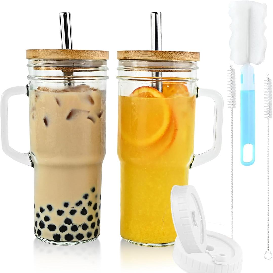 Glass Cups with Bamboo Lids and Straws,24oz Tumbler With Handle,2 Pack Mason Jar with Lid and Straw-Wide Mouth Reusable Drinking Glasses,Boba Cup Smoothie Tumbler Iced Coffee Cup Travel Mug (2-Pack Car cup)