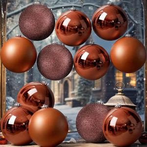 Jenaai 12 Pcs Large Brown Christmas Ball Ornaments, 6 Inch Big Oversized Shatterproof Christmas Tree Decorations Matte Glitter Giant Jumbo Plastic Hanging Baubles for Xmas Holiday Party Indoor Outdoor