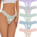 voenxe Seamless Thong for Women,No Show Lace Underwear,Ladies Breathable Comfort Panties Soft Laser Cut Undies,Tanga,5-Pack (Medium, Floral)