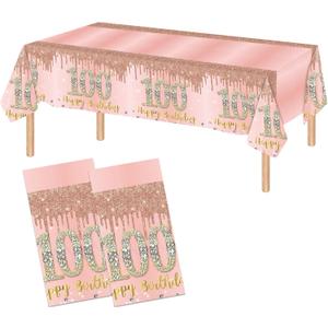 2PCS 100th Birthday Tablecloth Pink Rose Gold 100th Birthday Table Cover Happy 100th Birthday Decorations for Women Plastic Disposable 100th Birthday Party Supplies(54"x108")