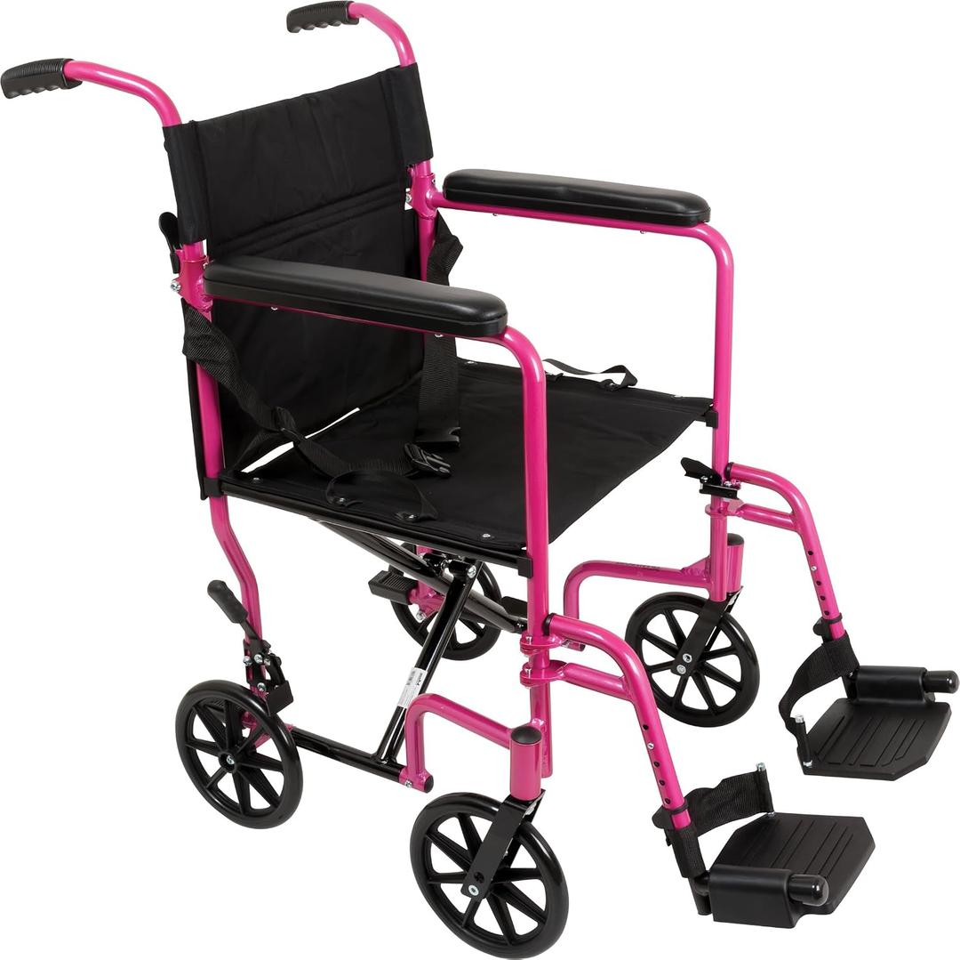 ProBasics Transport Wheelchair Lightweight Foldable with 19 inch Seat - Folding Transport Chair with Foot Rests, Foldable Wheel Chair and Lightweight Folding Wheelchair, Pink