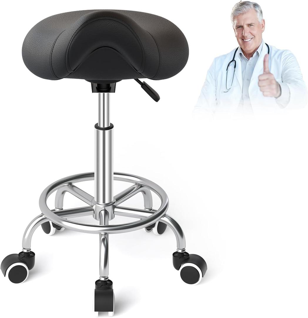 Ergonomic Saddle Stool with Wheels Adjustable - Saddle Chair with Thick Saddle Seat Cushion, Comfortable NO Back Pain, Better Sitting Posture, Rolling Saddle Stool Chair with Footrest (Deep Black)