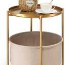 danpinera Round Side Table with Fabric Storage Basket, Metal Side Small Bedside Table Nightstand with Removable Tray Top for Living Room, Bedroom, Nursery, Laundry, Gold