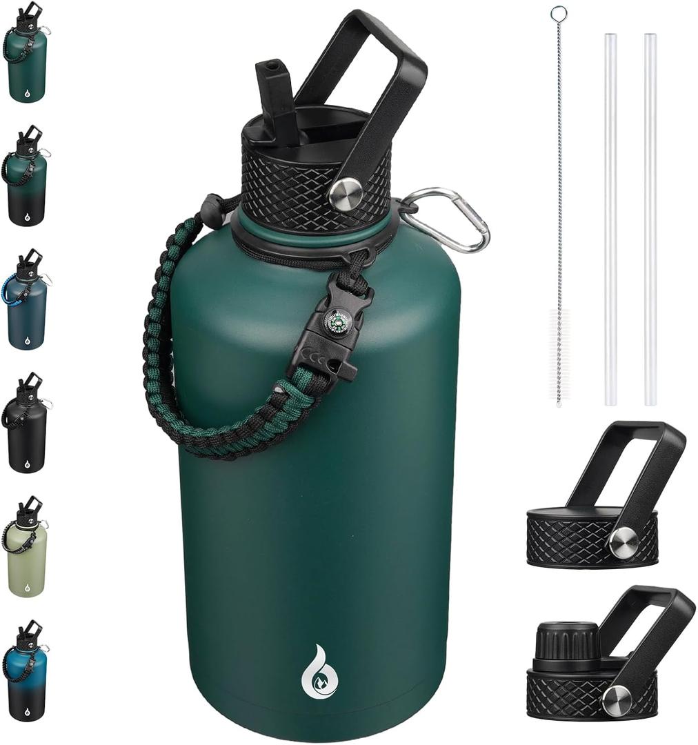 BJPKPK 2/3 Gallon Water Bottle with Straw Lid, 50oz, 64oz, 87oz, 128oz Large, Stainless Steel Water Bottles with 3 Lids and Paracord Handle, Double Wall Vacuum Metal Water Jug, Army Green