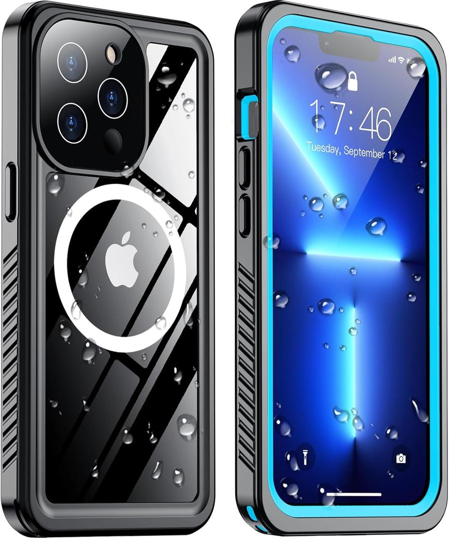 Temdan Magnetic for iPhone 13 Pro Max Case Waterproof,Built-in Screen Protector[IP68 Underwater][Upgrade Military Dropproof][Compatible with MagSafe] Full Body Shockproof Translucent Case 6.7''-Blue
