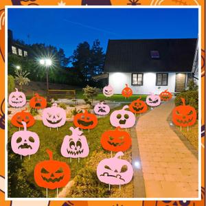 Jetec 18 Pieces Thanksgiving Day Pumpkin Yard Sign Outdoor Yard Stakes Pumpkin Sign with Stakes Plastic Waterproof Lawn Decorations(Orange,Pink)