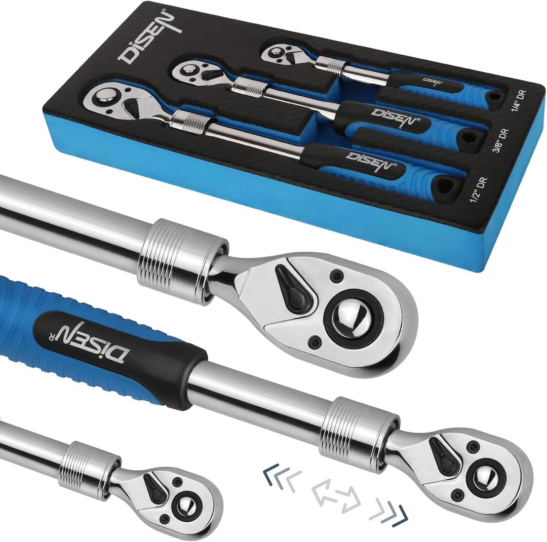 DISEN 3PCS Extendable Ratchet Wrench Set,1/4" 3/8" 1/2" Drive 72-Tooth, Quick-Release, Reversible Drive Socket Wrenches,Soft Grip Handle with Storage Tray