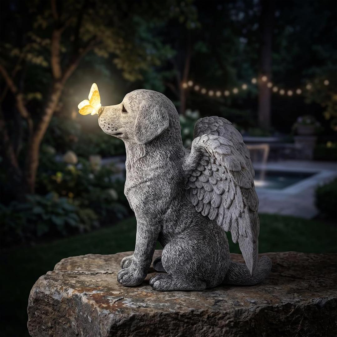 RattanView Large Dog Memorial Gift Angel Statue Garden Solar Outside Light Decor with Butterfly Resin Stone Pet Sympathy Gift for Loss of Dog Figurine Outdoor Decoration Patio Yard Lawn, 10"x9.5"x4"