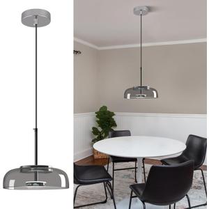 Smoke Gray Glass Pendant Lights Kitchen Island Modern 6000K LED Pendant Light Fixtures Chrome Finish Ceiling Hanging Lights for Bedroom Dining Room (8.85 in, 1 Pack)