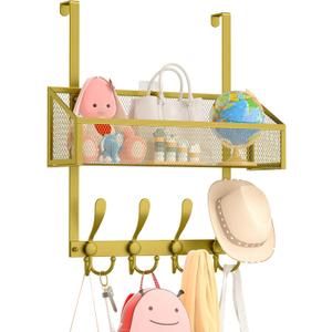 Over The Door Hooks Organizer, Coat Rack Over The Door Storage Hanger Towel Rack, Back of Door Storage Organizer for Bathroom,Bedroom,Kitchen,Office (Gold, 2-Tier)