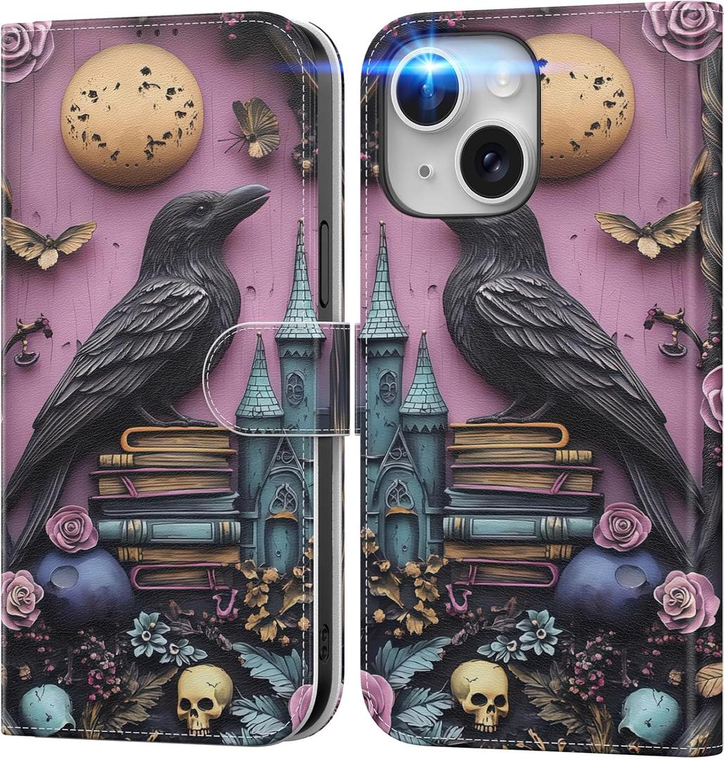 DEENAKIN for iPhone 13 Mini Wallet Case with Card Holder + Cash Clip, RFID-Blocking, Military-Grade Drop Protection, Magnetic Closure with Leather Kickstand - Gothic Skull & Raven