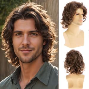 Mens Wig Short Wavy Brown Wig Short Layered Natural Synthetic Heat Resistant Hair Daily Cospaly Party Halloween Male Wig