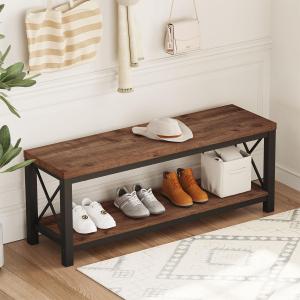 BON AUGURE Entryway Bench with Storage, 2 Tier Wood Metal Shoe Bench, Storage Benches for Bedroom, Entrance, Hallway, Mudroom, Indoor (47 inch Wide, Rustic Oak), 14.17 D x 47.24 W x 18.03 H