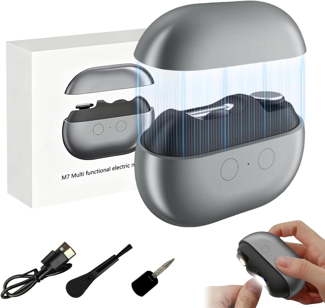 Fanyil Easy Clip Nail Clippers, 3 in 1 Easyclip Smart Electric Nail Clipper for Seniors, Safety Fingernail Trimmer, Polisher & Clip Storage with LED Light, for Kids, Adult, Seniors (Grey)