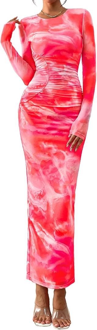 PRETTYGARDEN Wedding Guest Dresses for Women Spring Long Sleeve Ruched Bodycon Floral Mesh Cocktail Party Fall Maxi Dress (Orange, XL)