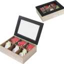 Vintage Burlywood Wooden Tea Organizer Box with Glass Lid, 6 Compartments Tea Bag Organizer, 9 Inches Tea Storage Organizer, Tea Storage Chest, Kitchen Storage Chest Box (Black Lid)